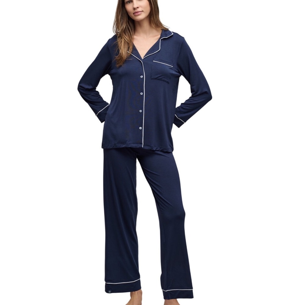 Eberjey Gisele Navy Blue Tencel Modal Pajama Set Short Sleeve Top Long Pants S